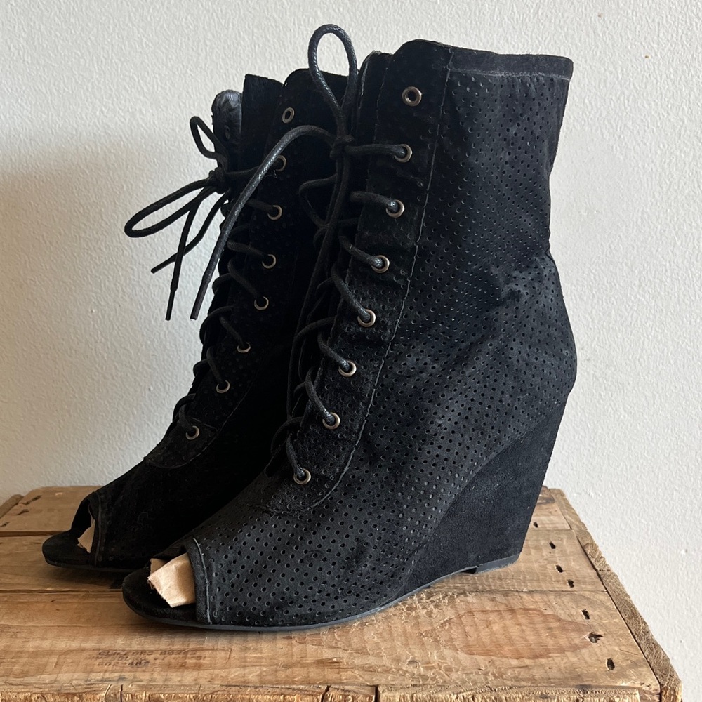Jeffrey Campbell Black Lace-Up Peep-Toe Wedge Boots
